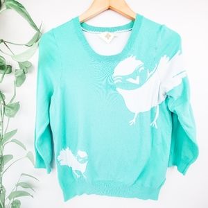 HWR Anthropologie teal green bird knit sweater